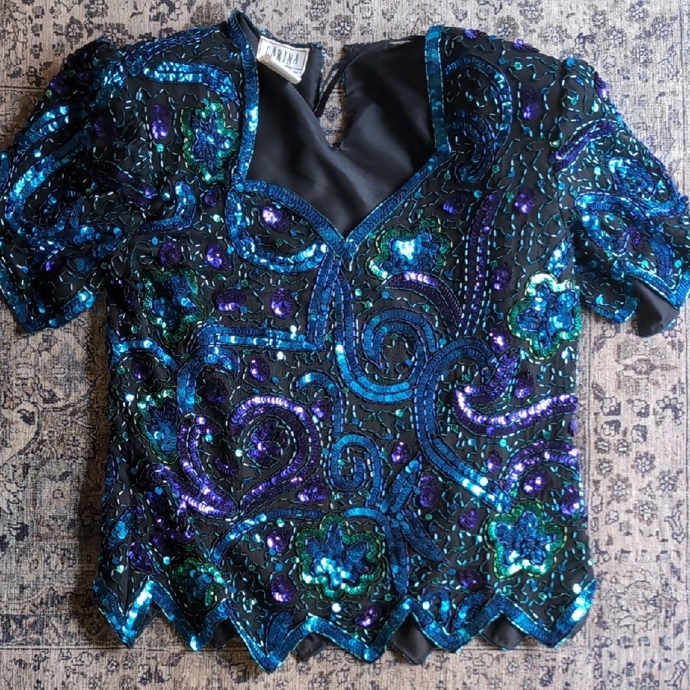 100% Silk & Sequin Vintage Carina Flirt Sparkly Top